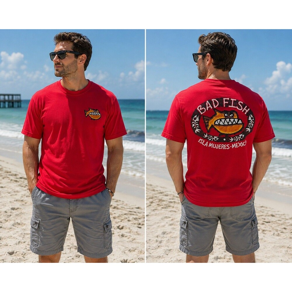 Isla Mujeres Bad Fish Mexico Red Tshirt Size XL Cotton Short Sleeve